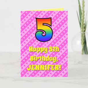 5th Birthday: Pink Stripes & Hearts, Rainbow # 5 Card