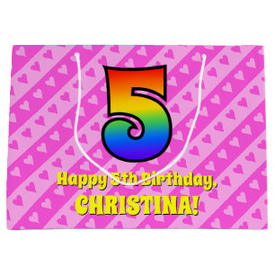 5th Birthday: Pink Stripes & Hearts, Rainbow # 5 Large Gift Bag