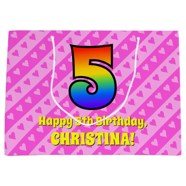 5th Birthday: Pink Stripes & Hearts, Rainbow # 5 Large Gift Bag (Front)