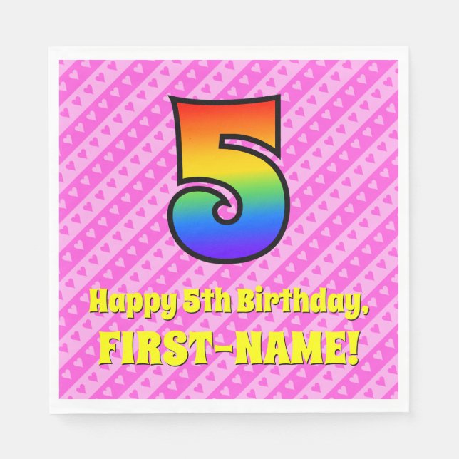 5th Birthday: Pink Stripes & Hearts, Rainbow # 5 Napkin (Front)