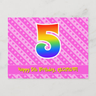 5th Birthday: Pink Stripes & Hearts, Rainbow 5 Postcard