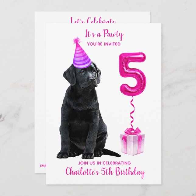5th Birthday Puppy Theme- Cute Dog Pink Girl Pawty Invitation (Front/Back)