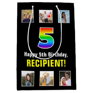 5th Birthday: Rainbow “5“, Custom Photos & Name Medium Gift Bag
