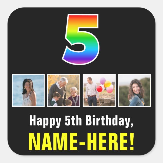 5th Birthday: Rainbow “5”; Custom Photos & Name Square Sticker (Front)