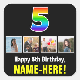 5th Birthday: Rainbow “5”; Custom Photos & Name Square Sticker