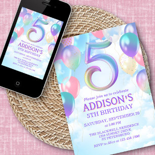 5th Birthday Rainbow Balloons Invitation