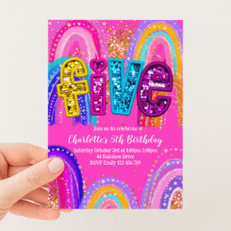 5th Birthday Rainbow Hot Pink Party Invitation