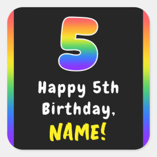 5th Birthday: Rainbow Spectrum # 5, Custom Name Square Sticker
