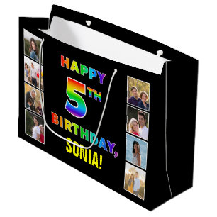 5th Birthday: Rainbow Text, Custom Photos & Name Large Gift Bag
