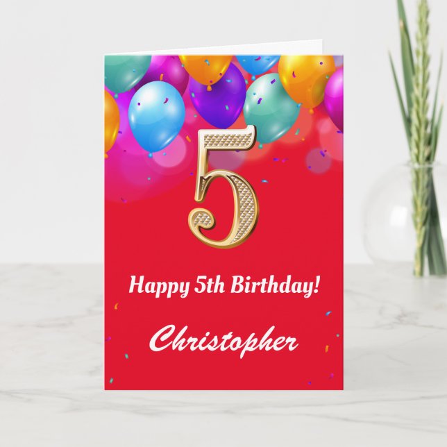 5th Birthday Red and Gold Colourful Balloons Card (Front)