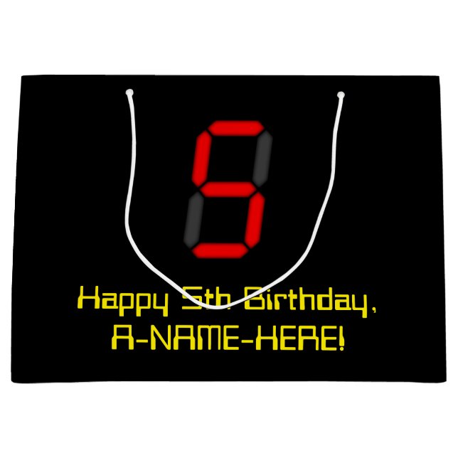 5th Birthday: Red Digital Clock Style "5" + Name Large Gift Bag (Front)