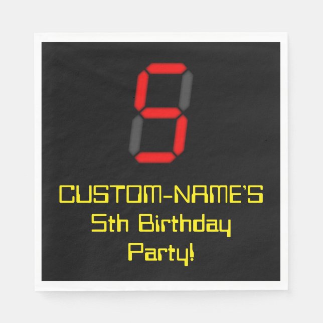 5th Birthday: Red Digital Clock Style "5" + Name Napkin (Front)