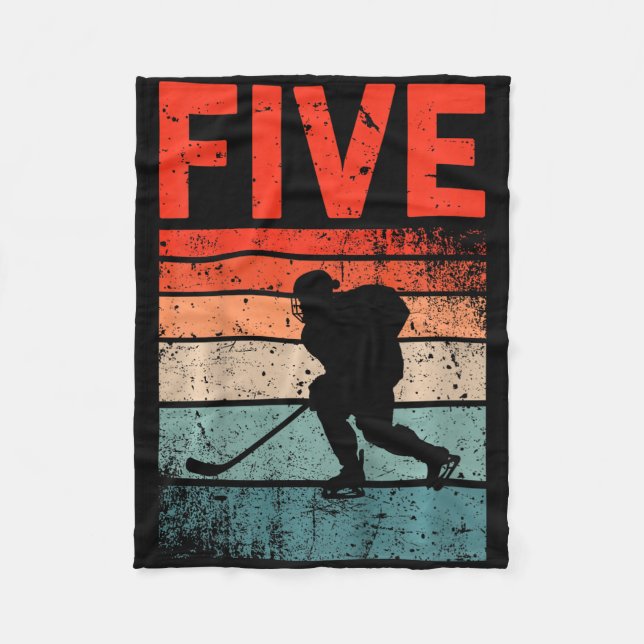 5th Birthday Retro Ice Hockey 5 Years Old Boy Girl Fleece Blanket (Front)