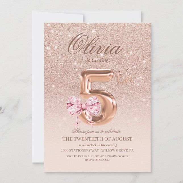 5th Birthday Rose Pink Gold  Bow Birthday Party  Invitation (Front)