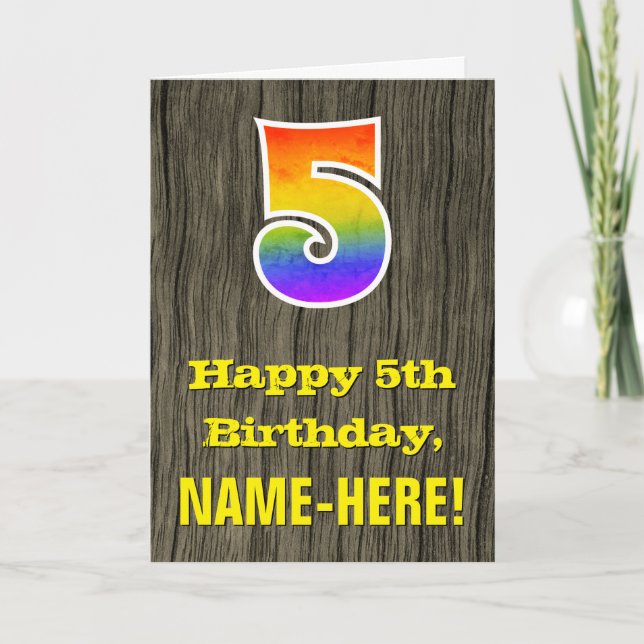 5th Birthday: Rustic Faux Wood Look, Rainbow "5" Card (Front)