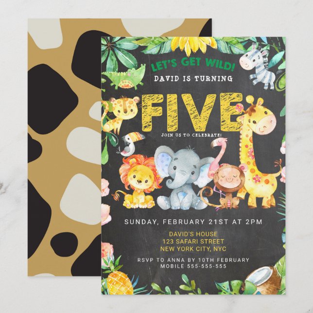 5th Birthday Safari Jungle Chalkboard Cute Boy Invitation (Front/Back)