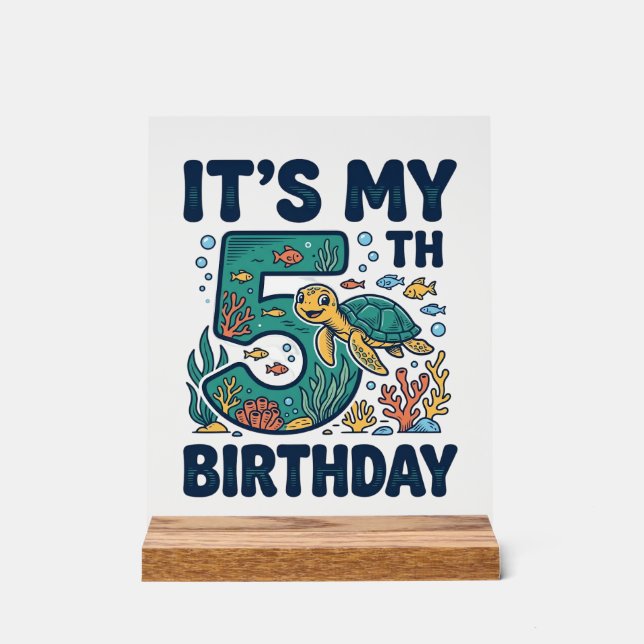 5th Birthday Sea Turtle Underwater Vector Design_1 Acrylic Sign (Front)