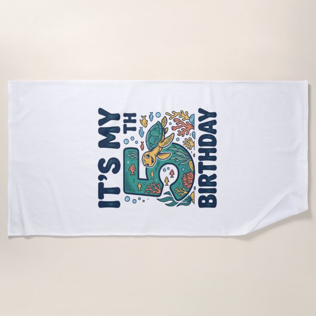 5th Birthday Sea Turtle Underwater Vector Design_1 Beach Towel (Front)
