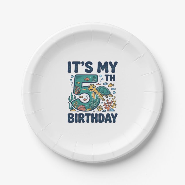5th Birthday Sea Turtle Underwater Vector Design_1 Paper Plate (Front)