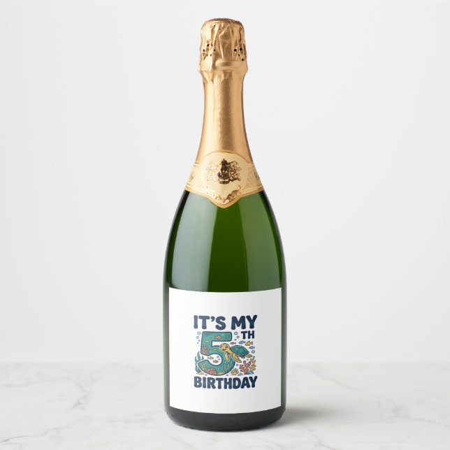 5th Birthday Sea Turtle Underwater Vector Design_1 Sparkling Wine Label (Front)