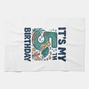5th Birthday Sea Turtle Underwater Vector Design_1 Tea Towel