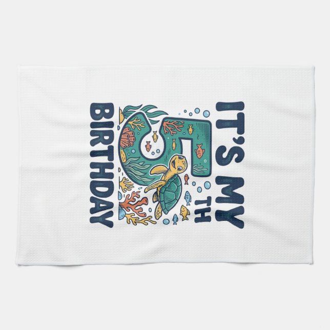 5th Birthday Sea Turtle Underwater Vector Design_1 Tea Towel (Horizontal)