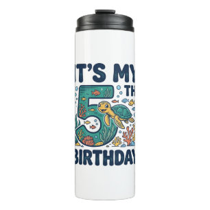 5th Birthday Sea Turtle Underwater Vector Design_1 Thermal Tumbler