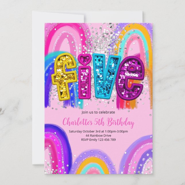 5th Birthday Sequin Rainbow Party Invitation (Front)