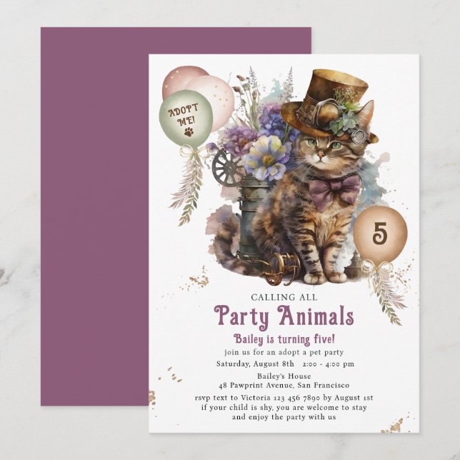 5th Birthday Steampunk Kitten Adoption Party Invitation (Front/Back)
