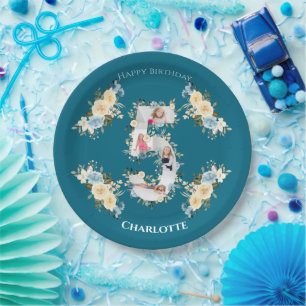5th Birthday Teal Photo Collage Blue Yellow Flower Paper Plate