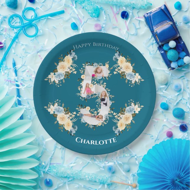 5th Birthday Teal Photo Collage Blue Yellow Flower Paper Plate (Party)
