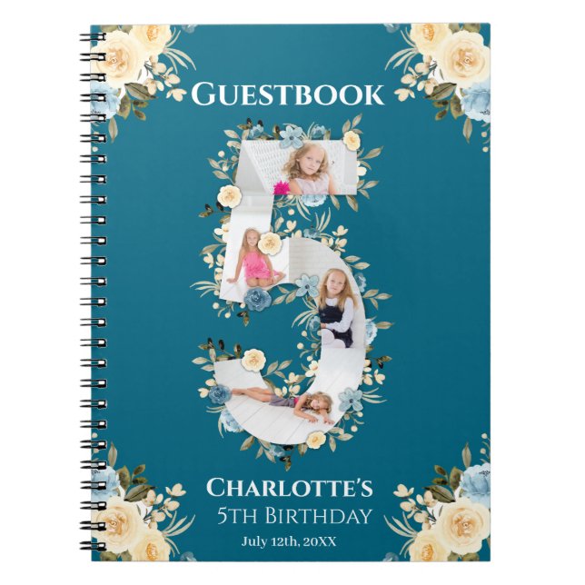 5th Birthday Teal Photo Yellow Flower Guest Book (Front)