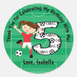 5th Birthday Thank You Red and White Soccer Girl Classic Round Sticker