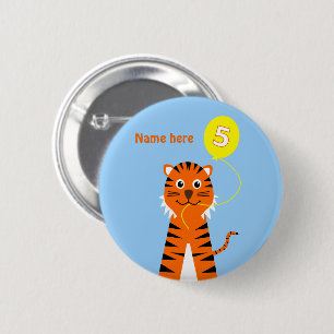 5th birthday tiger add name blue orange 6 cm round badge
