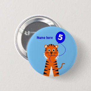 5th birthday tiger add name cute blue 6 cm round badge