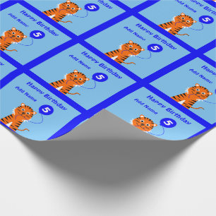 5th birthday tiger custom name blue wrapping paper