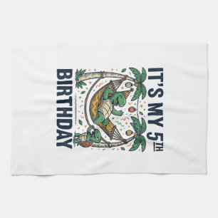 5th Birthday Turtle Hammock Vintage Engraving Desi Tea Towel