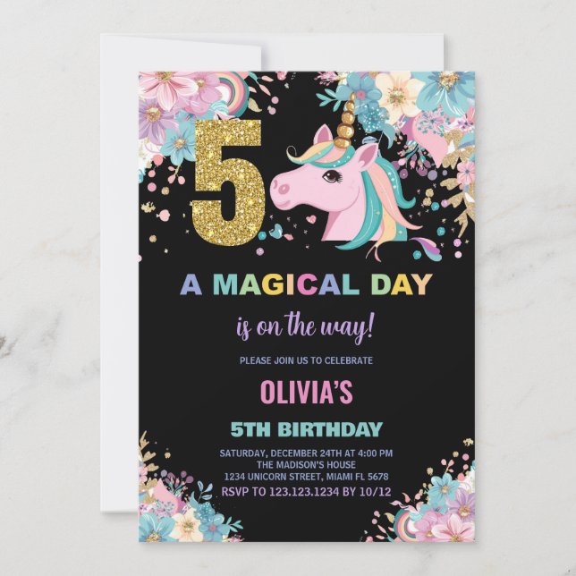 5th Birthday Unicorn Birthday Invitations (Front)