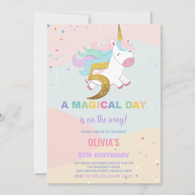 5th Birthday Unicorn Birthday Invitations (Front)