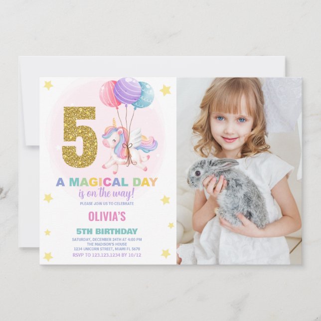 5th Birthday Unicorn Birthday Invitations photo (Front)