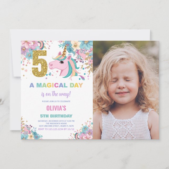 5th Birthday Unicorn Birthday Invitations photo (Front)