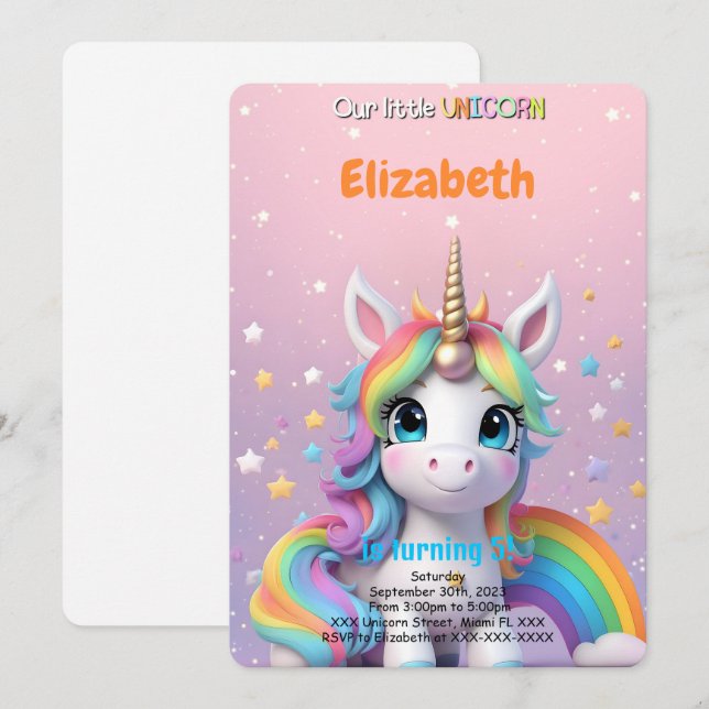 5th Birthday Unicorn  Invitation (Front/Back)