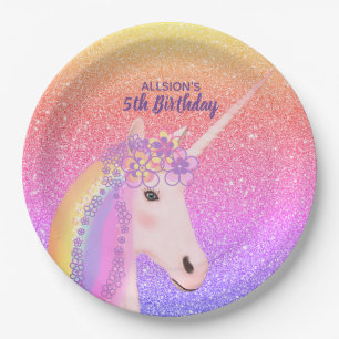 5th Birthday Unicorn Rainbow Pastel Personalised Paper Plate