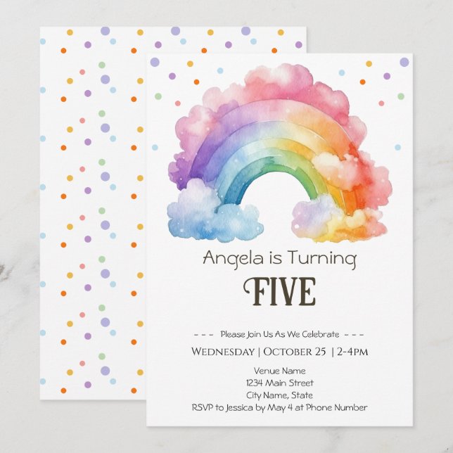 5th Birthday Watercolor Rainbow Kids  Invitation (Front/Back)