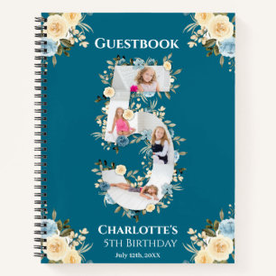 5th Birthday Yellow Flower Teal Photo Guest Book