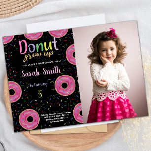 5th Black Pink Photo Doughnut Birthday Invitations