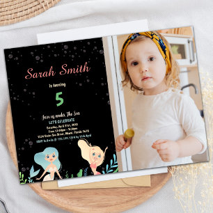 5th Blonde Mermaid Birthday Invitations with photo
