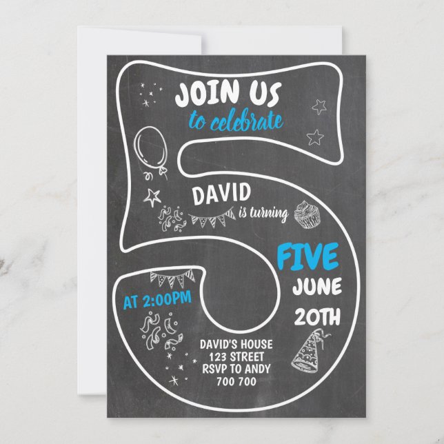5th Boy Birthday Chalkboard Blue Number Invitation (Front)