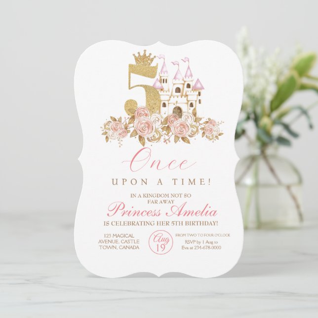 5th Castle Gold Crown Princess Floral Birthday  Invitation (Standing Front)