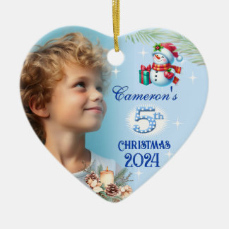 5th Christmas Personalised Boy's Photo Heart Gift Ceramic Tree Decoration
